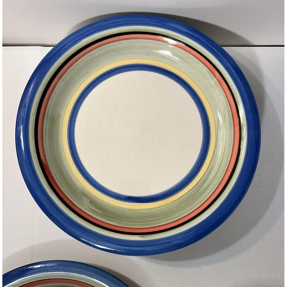 Vtg Gibson Rainbow Striped Hand Painted Rim Ceramic Dinner Plate 10.5in Set Of 6